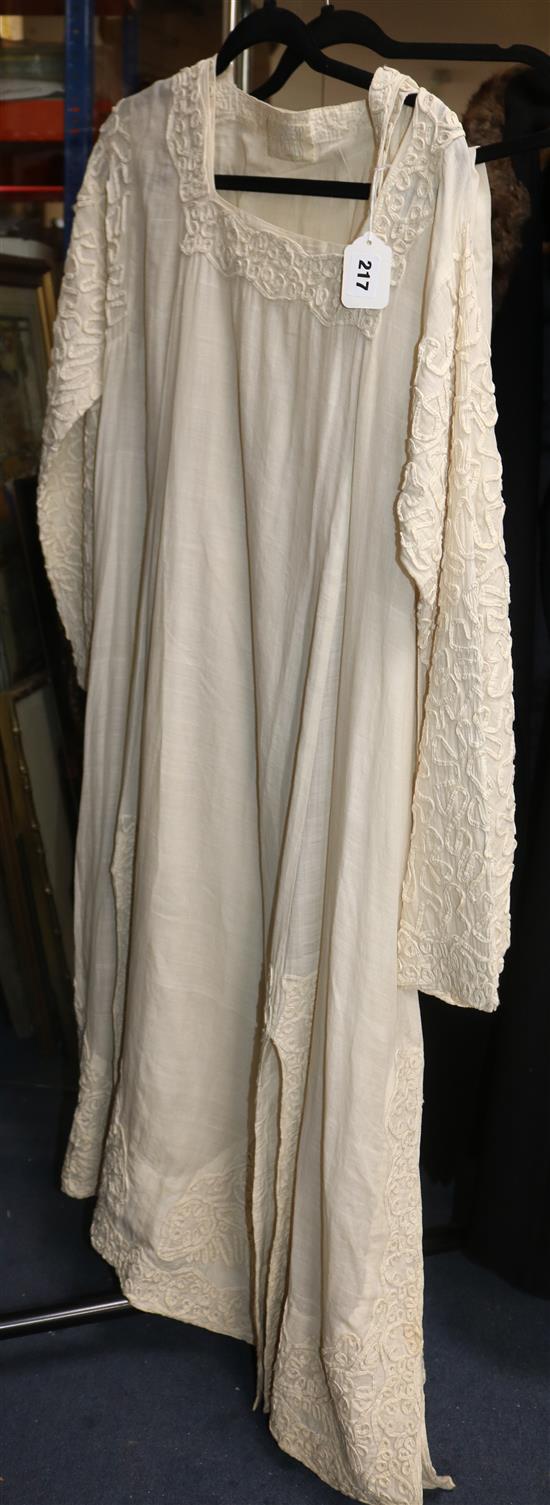 A cream cotton Summer dress, coat and a sari/shawl with fine applique edging, possibly a wedding dress